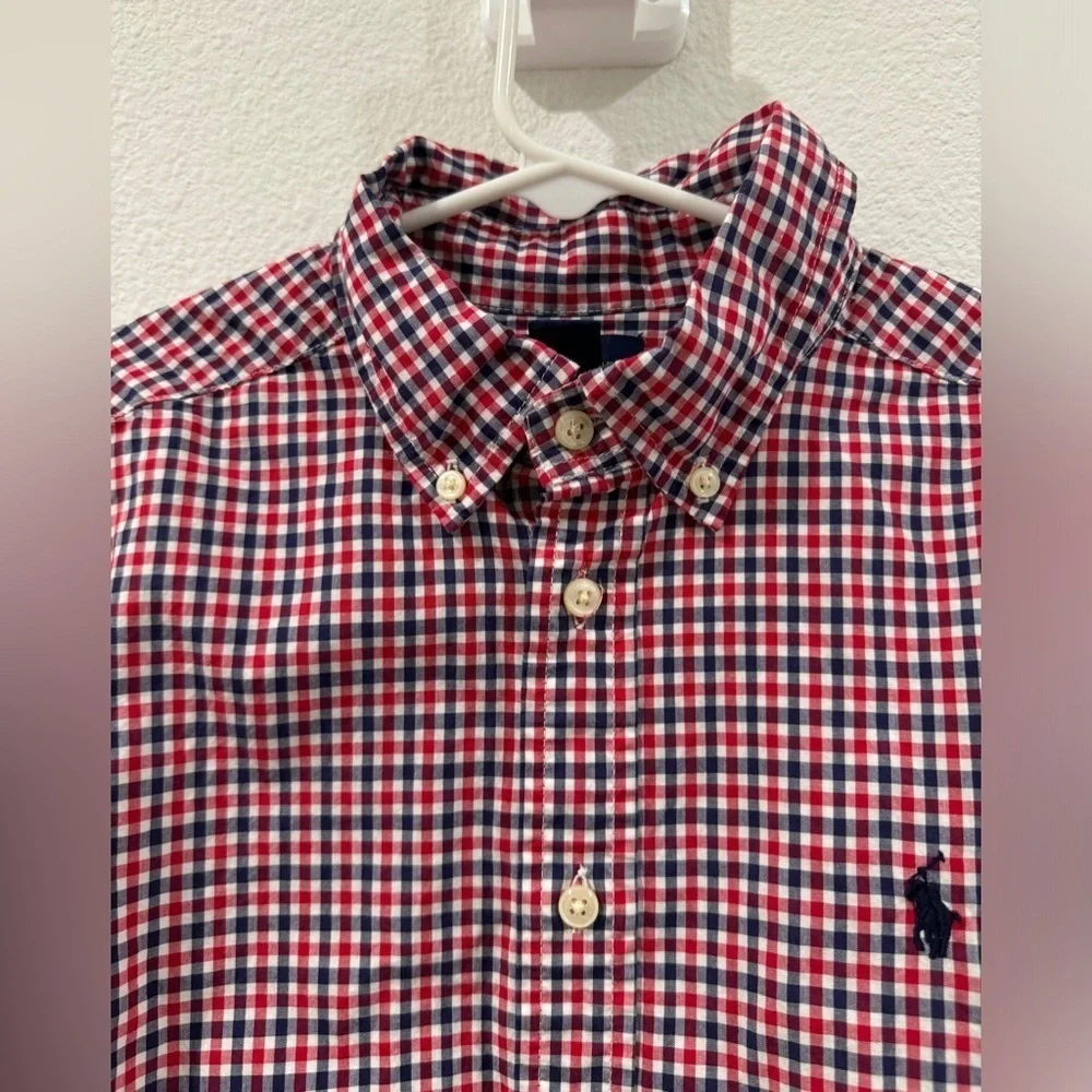 Ralph Lauren Boys Plaid Button Down Collared Logo Red White Blue Shirt Medium